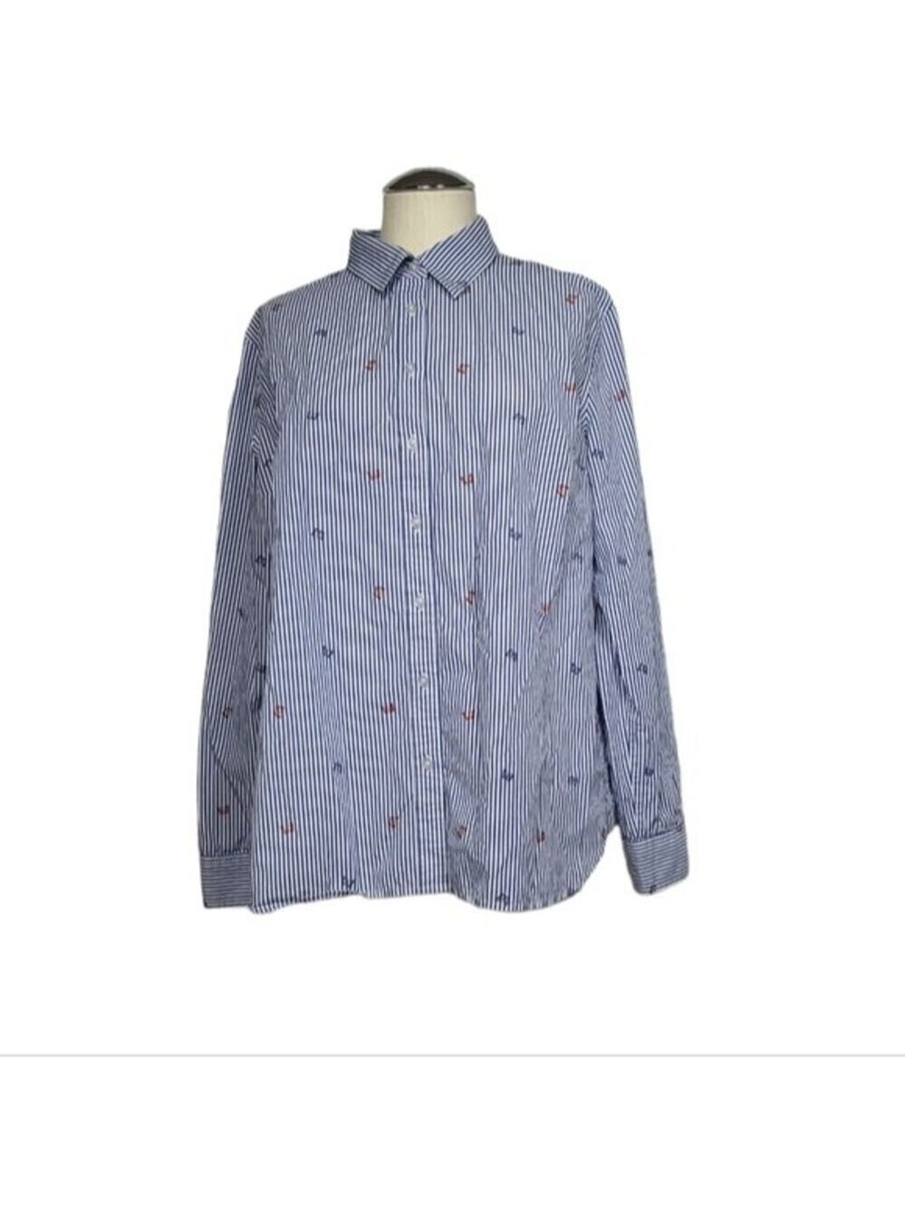Talbots Blue White Striped Butterfly Print Button Down Long Sleeve Blouse L